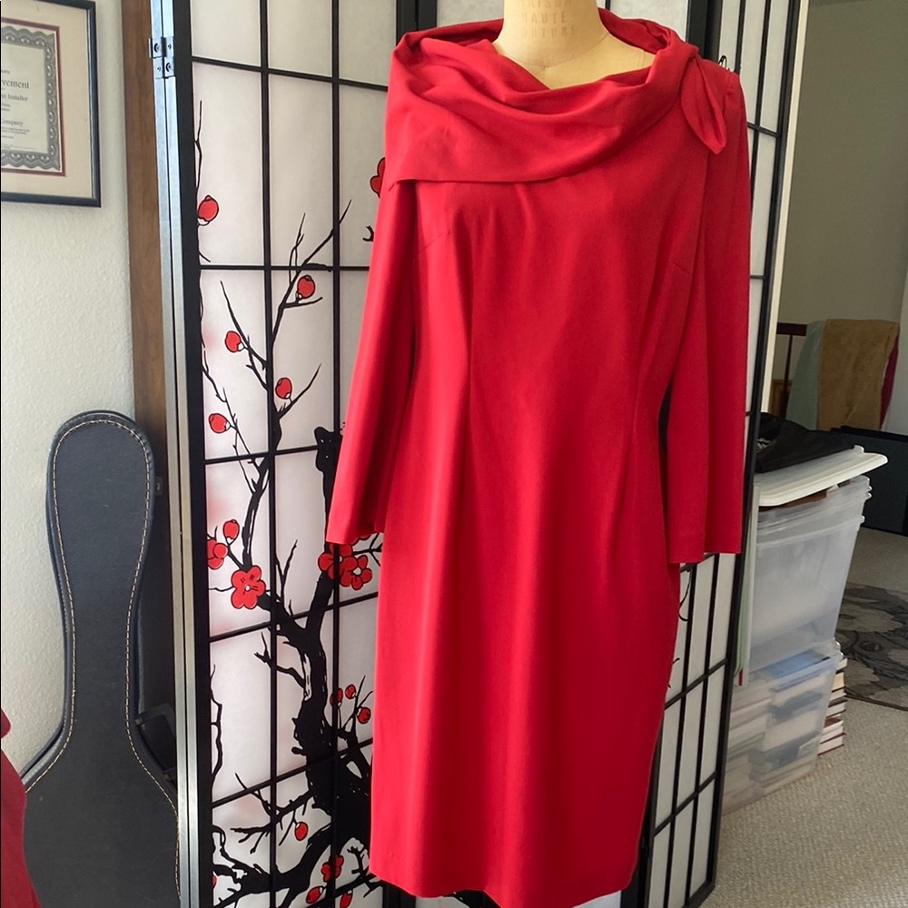Ellen Tracy Red Sheath Dress with Cowl Neck 3/4 Sleeves